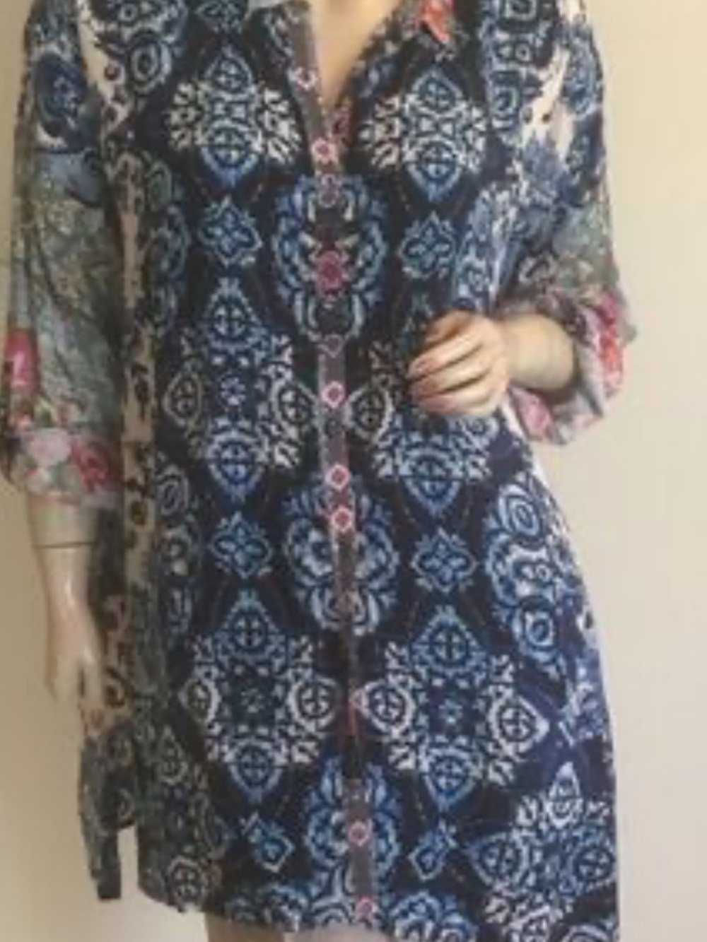 Johnny Was Navy Blue Printed Button-Front Tunic with Pink Accents